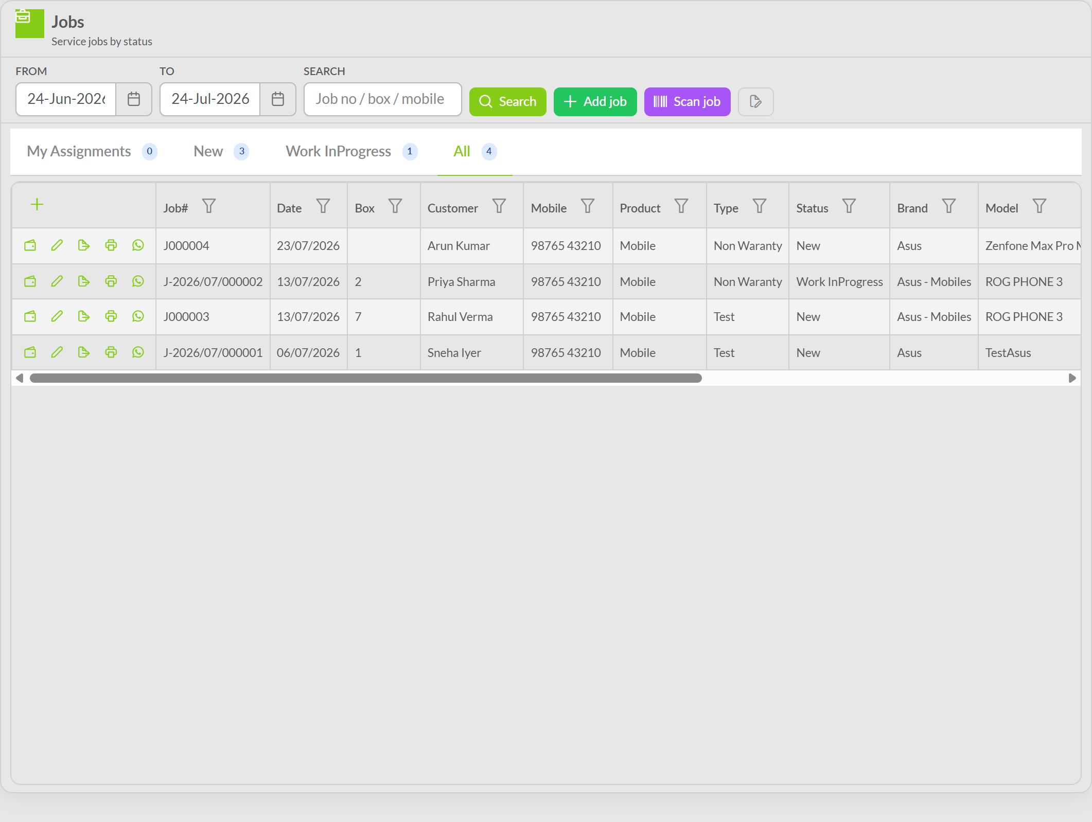 VMS Job Card Management screen