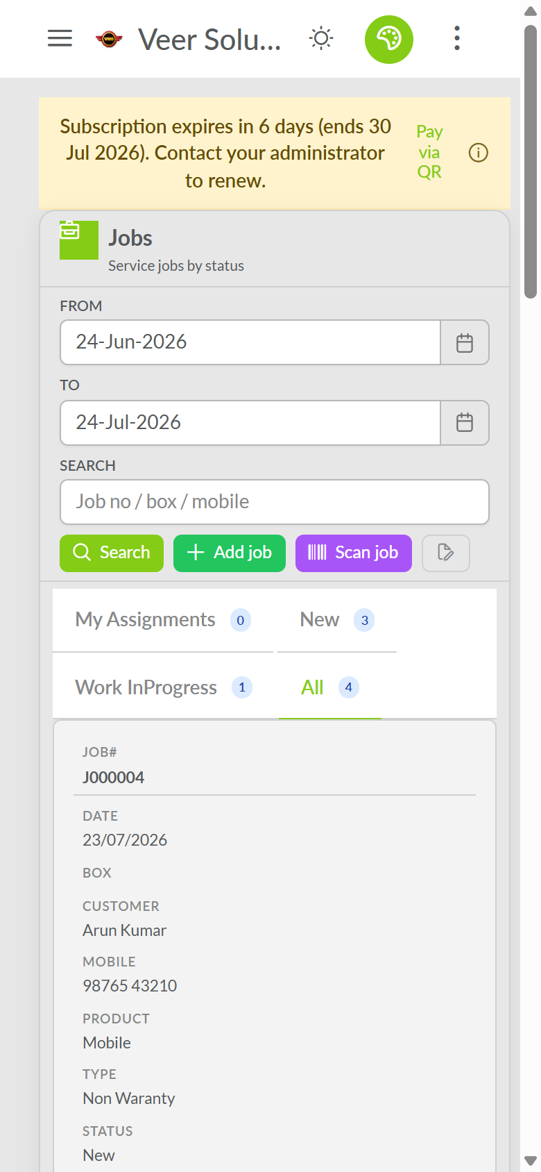 VMS job list on mobile