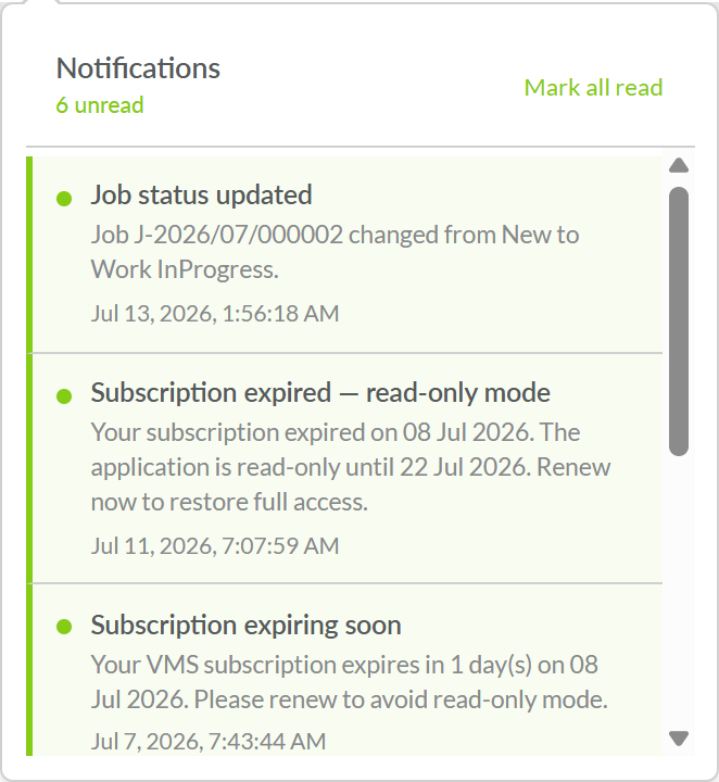 VMS notifications inbox