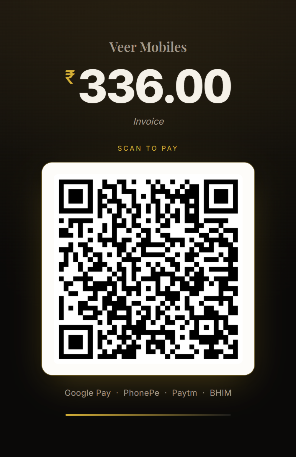 VMS customer display showing a live UPI payment QR