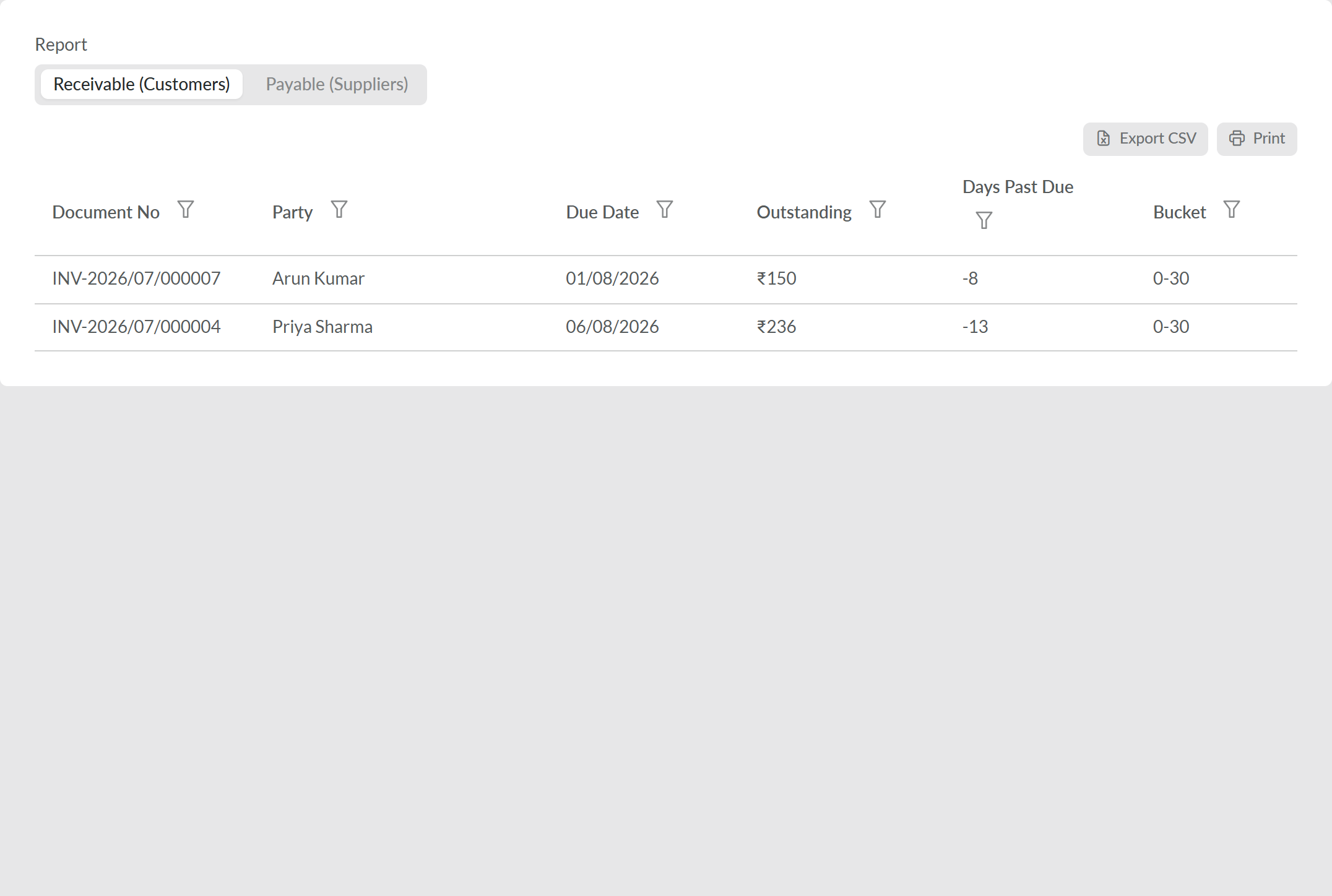 VMS Credit & Outstanding Payments screen